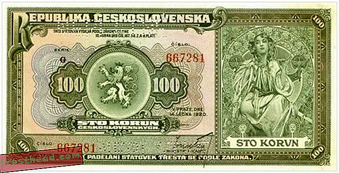 De eerste coupure van 100 korun in Tsjechoslowakije, ontworpen door Mucha