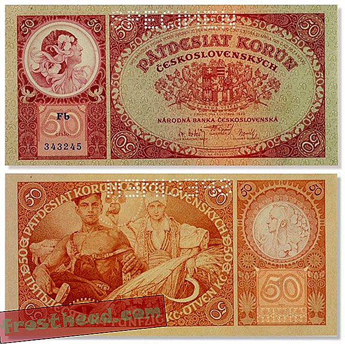 Bagian depan dan belakang dari 50 korun note, dirancang oleh Mucha