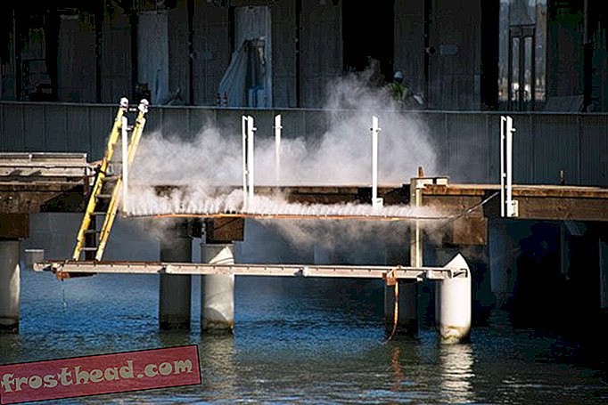 O vapor de água jorra de um cano cravejado com 800 bicos pequenos.