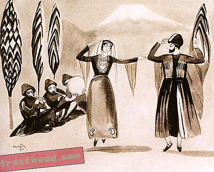 एक पहाड़ी पृष्ठभूमि के बीच पारंपरिक अर्मेनियाई लोक नृत्य का चित्रण