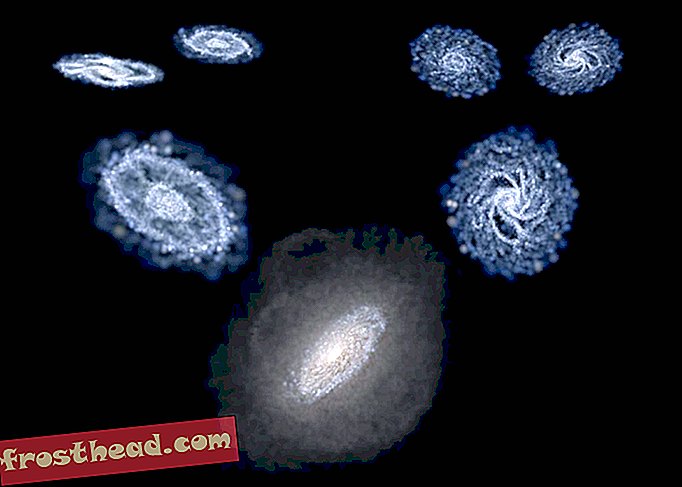 Hierarkkinen kuva galaksien muodostumisesta "galaksin kannibalismin" kautta.