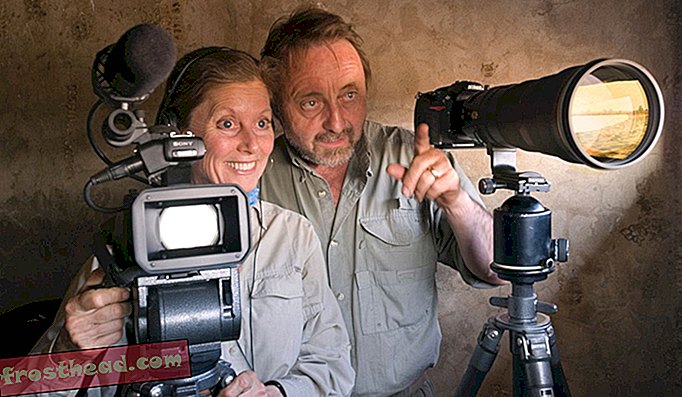 Видеографът Крис Екстром и нейният съпруг фотограф Франс Лантинг се скриха в бетонен бункер до дупка с вода в Намибия през 2009 г., за да заснемат изображения на животни, дошли да пият там.
