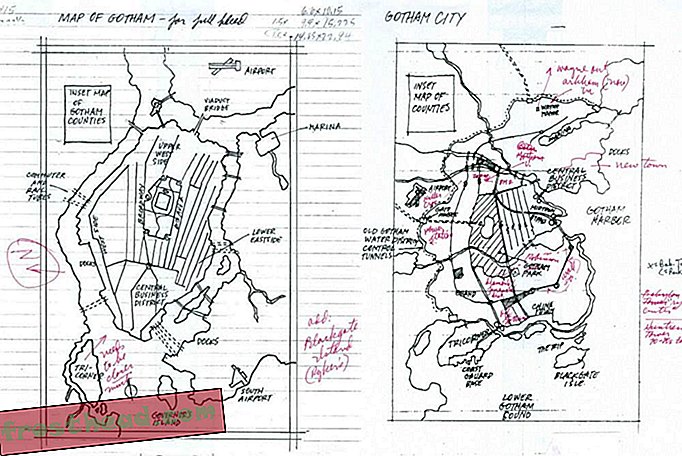 Desene de dezvoltare timpurie pentru harta lui Gotham, după amabilitatea Eliot R. Brown
