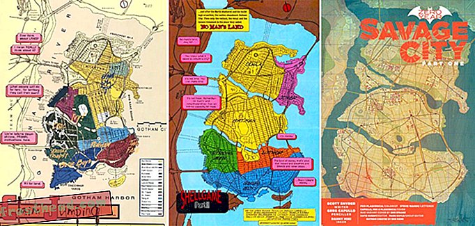 Остављене две слике: Мапа Елиота Р. Брауна Готхам Цити, како се појавила у стриповима 1999. године; права слика: Бровнова карта која се појављује у недавном Батмановом броју
