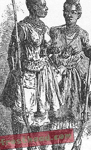 Oficiais do sexo feminino retratados em 1851, usando chifres simbólicos de escritório em suas cabeças.