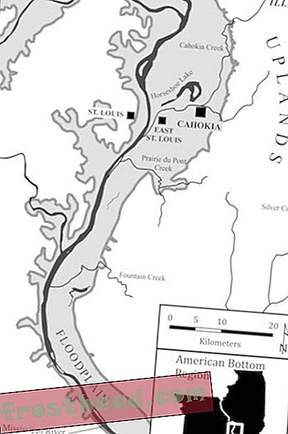 Placering af Cahokia, East St Louis og St Louis steder i den amerikanske bund