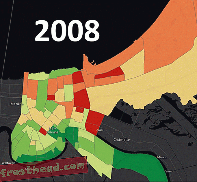 Disse kort viser den alvorlige indvirkning af orkanen Katrina på New Orleans