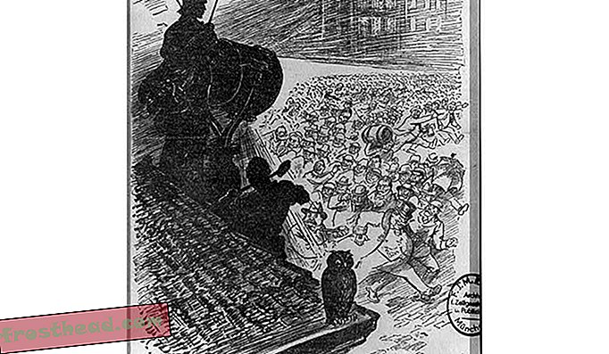 Imprimé dans le New York Herald le 12 avril 1917, ce croquis de propagande représente une silhouette silhouette éclairée par un faisceau de projecteur sur la foule en marche d’Américains américains, avec des moustaches stéréotypées, des longues pipes et des chopes de bière.