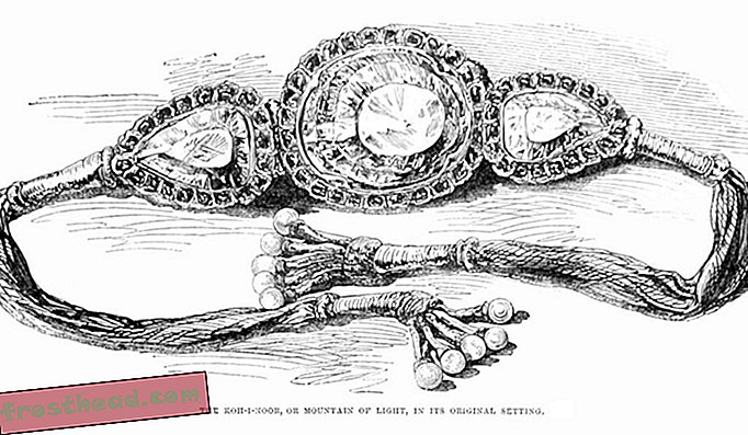 Ilustracja diamentu Koh-i-Noor (w środku), który był noszony przed przekazaniem go Brytyjczykom.
