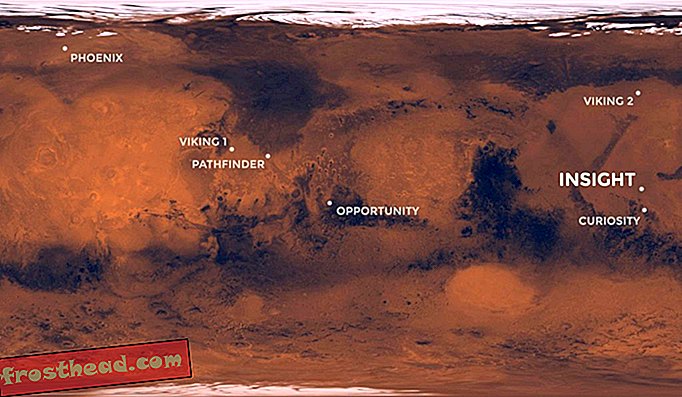 Карта на Марс, показваща местоположението на всичките седем успешни кацания на НАСА, заедно с площадката за кацане на InSight в равнинния район на Elysium Planitia.