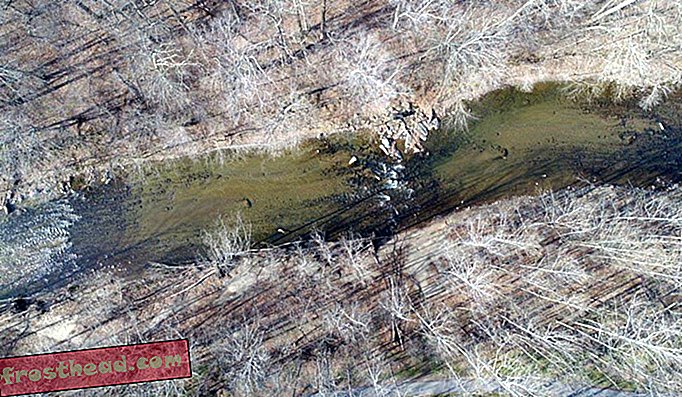 Imagen aérea del canal del río Patapsco que muestra depósitos de grava, adoquín y arena.
