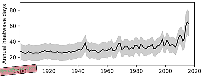 ספירה שנתית של ימי גלי חום ימיים משנת 1900 עד 2016, כממוצע עולמי.
