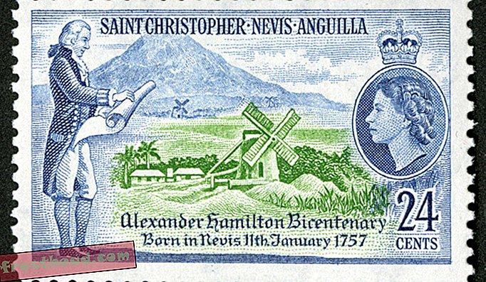 See 1957. aastal välja lastud 24 ¢ tempel seab Hamiltoni tema sünnikoha, Kariibi mere väikese saare Nevise taustal.
