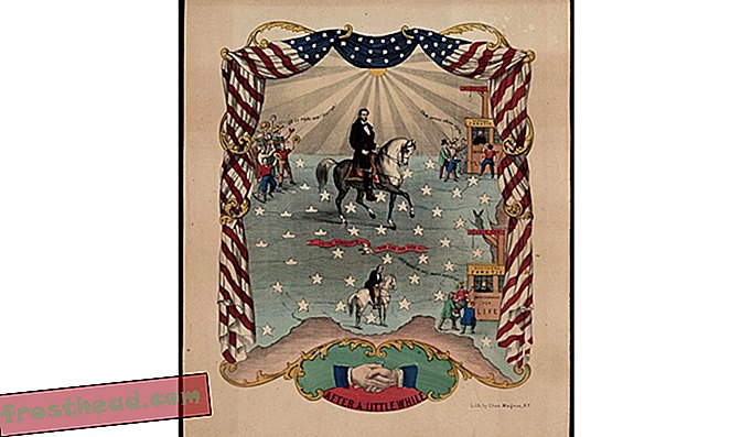 Udateret litografi af Abraham Lincoln på hesteryg inden for en grænse af furlet U. S.-flag og symboliske illustrationer.