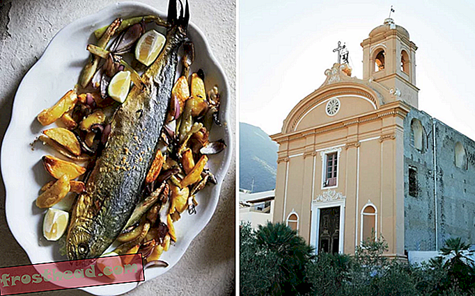 Fra venstre: Gurnard og grøntsager i Villa La Rosa på Filicudi; den pletfri kirke på Salina.