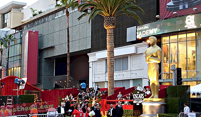 Všimněte si obchodu s oblečením přímo za samotným Oscarem. Tento snímek byl pořízen na 81. ceně Akademie v roce 2009.