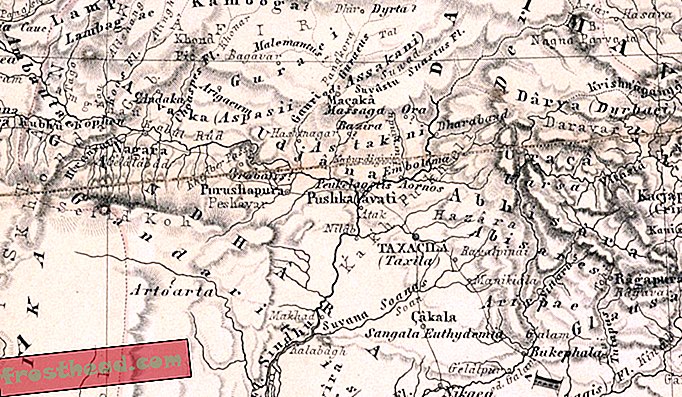 Nærbillede af 'Et kort over det gamle Indien', som viser området Peshawar, hvor Bakhshali-manuskriptet blev fundet i 1881.