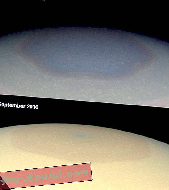 La tempesta turbinante sopra il polo nord di Saturno ha cambiato i colori