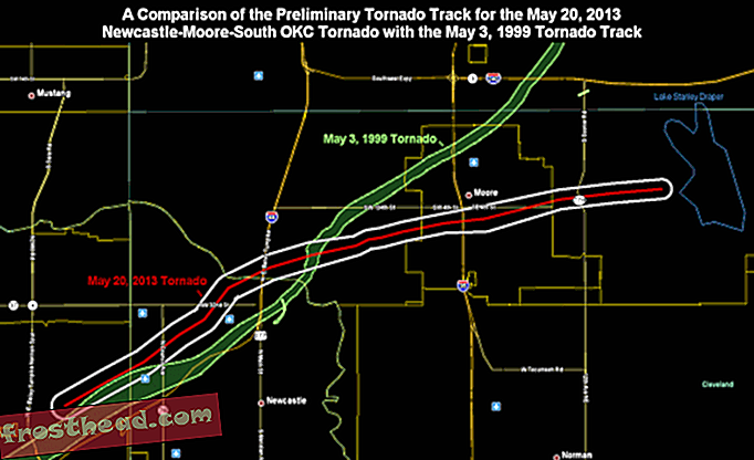 Трасса торнадо в мае 1999 года и предварительная траектория сегодняшнего торнадо.